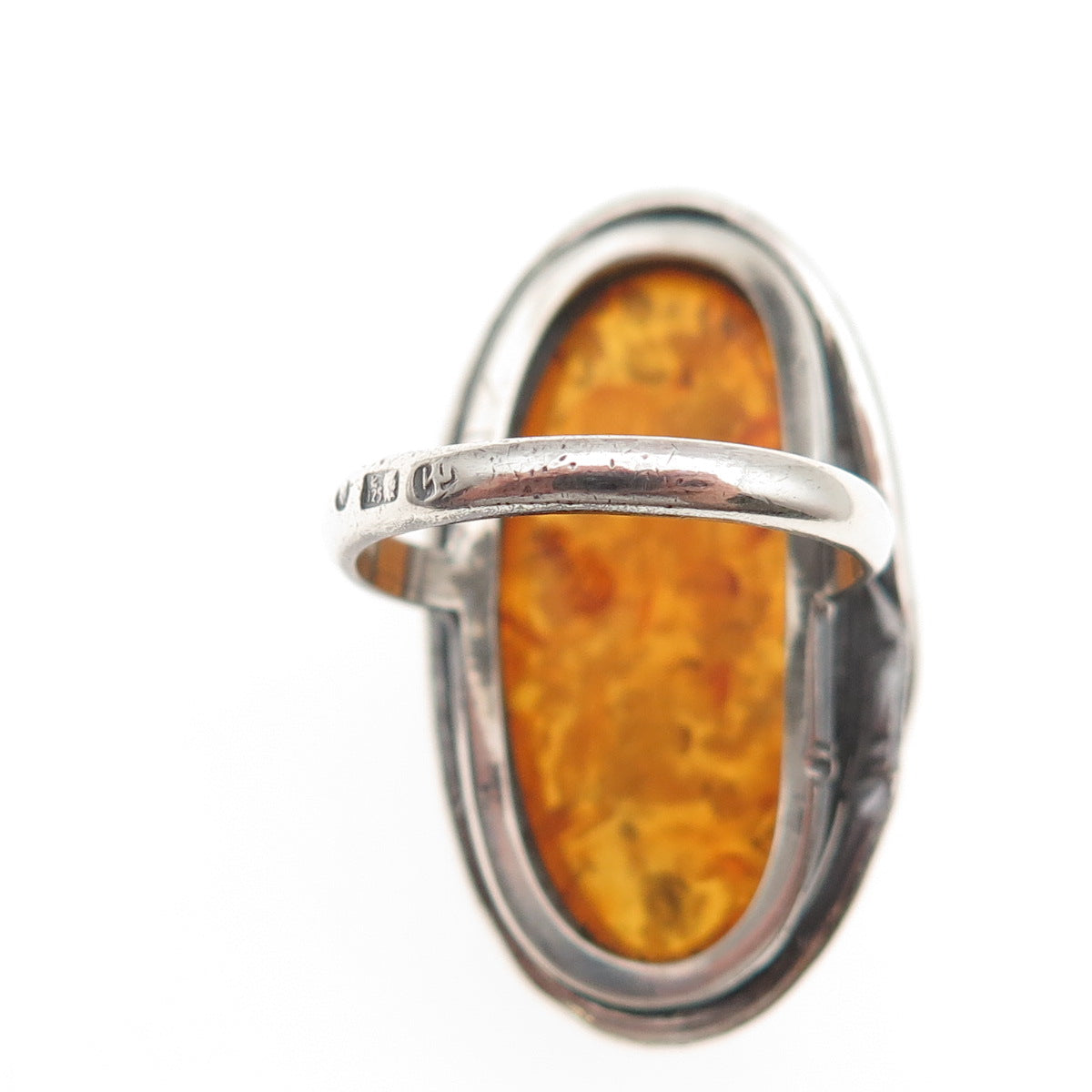 925 Sterling Silver Vintage Poland Real Amber Modernist Oxidized Ring Size 6.5