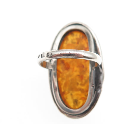 925 Sterling Silver Vintage Poland Real Amber Modernist Oxidized Ring Size 6.5