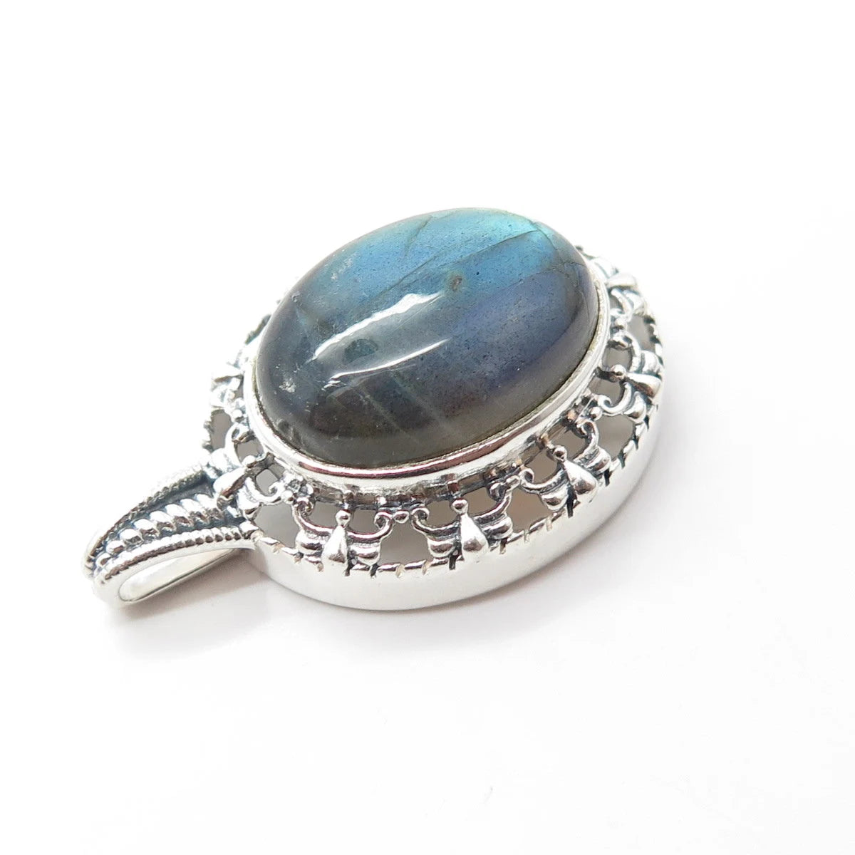 925 Sterling Silver Vintage Real Cabochon Labradorite Gem Swirl Oval Pendant