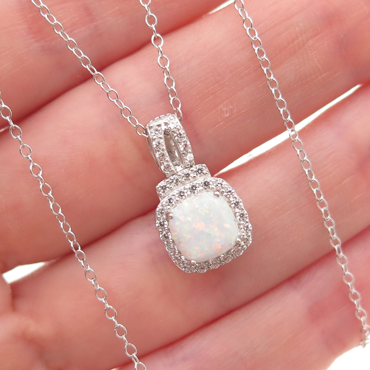 Sun 925 Sterling Silver Real Opal & C Z Cable Chain Necklace 18"