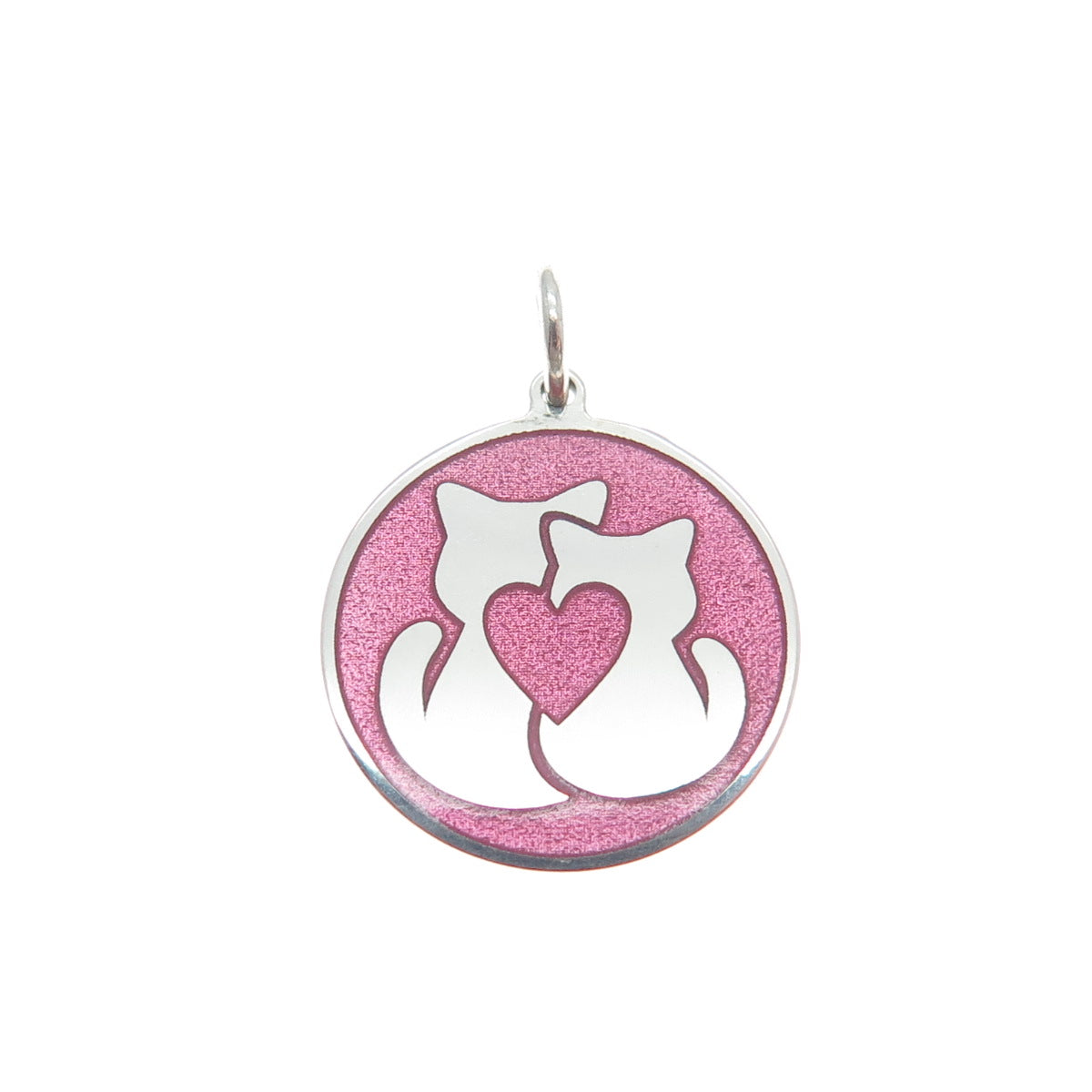 925 Sterling Silver Pink Enamel Mom & Child Cat Heart Minimalist Charm Pendant