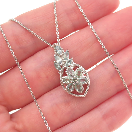 D'Joy 925 Sterling Silver Real Green Sapphire Floral Cable Chain Necklace 20"