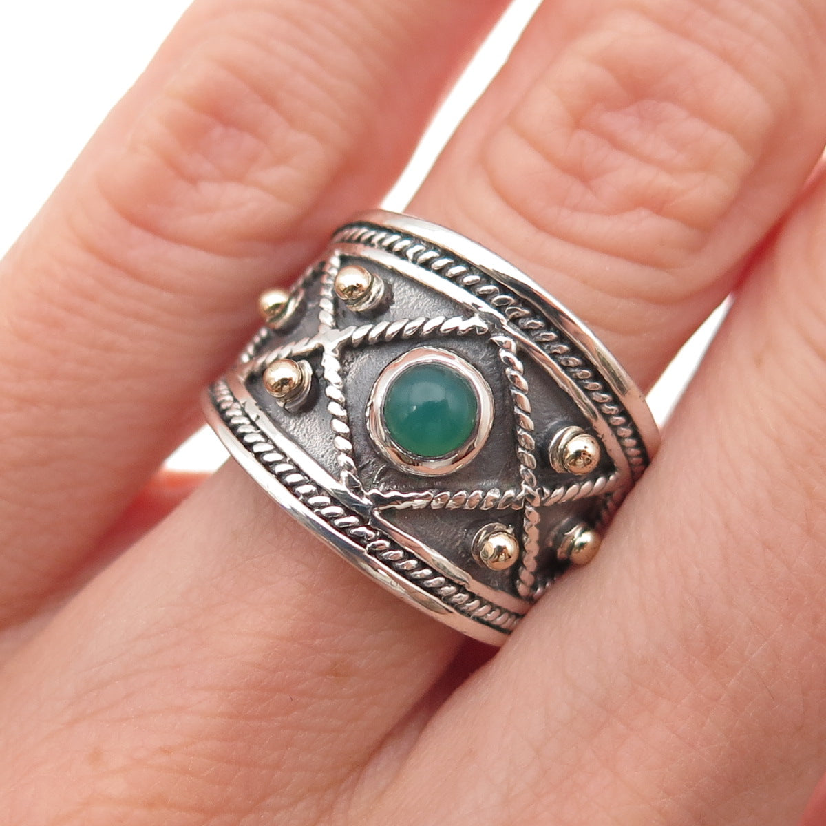 925 Sterling Silver 14K Gold Vintage Real Green Onyx Oxidized Ring Size 6