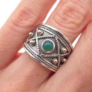 925 Sterling Silver 14K Gold Vintage Real Green Onyx Oxidized Ring Size 6