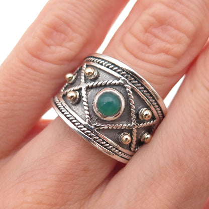 925 Sterling Silver 14K Gold Vintage Real Green Onyx Oxidized Ring Size 6