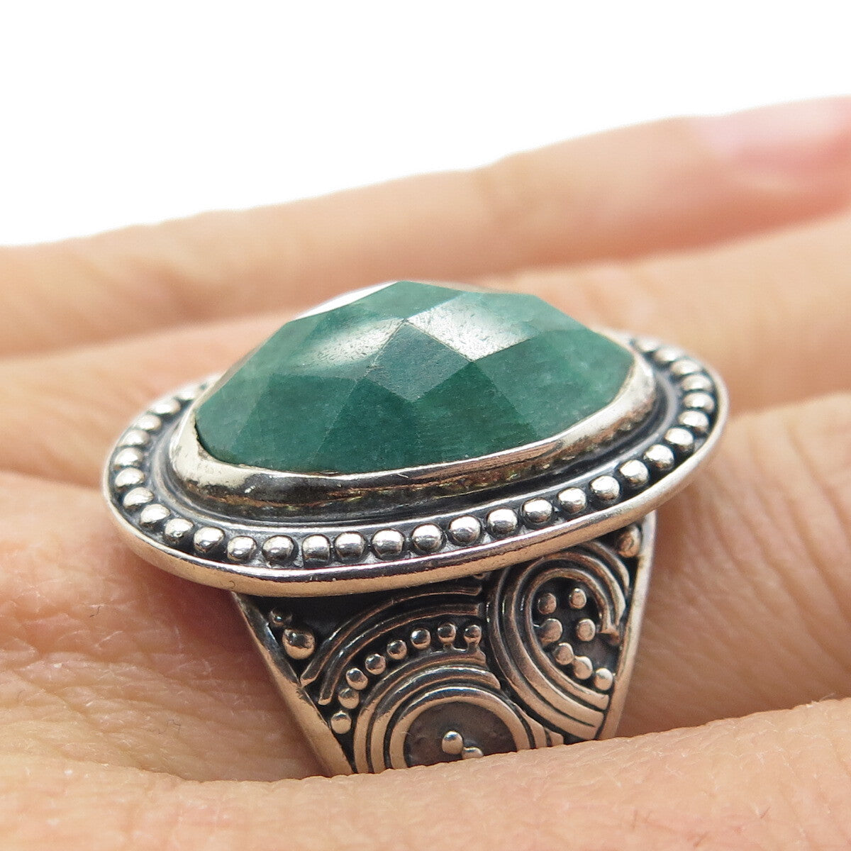 DSMK 925 Sterling Silver Vintage Real Emerald Granulated Oxidized Ring Size 6.5