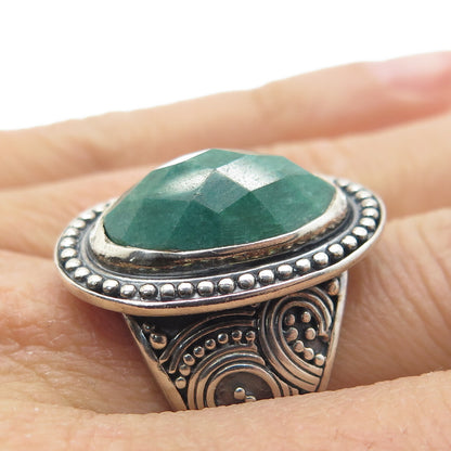 DSMK 925 Sterling Silver Vintage Real Emerald Granulated Oxidized Ring Size 6.5