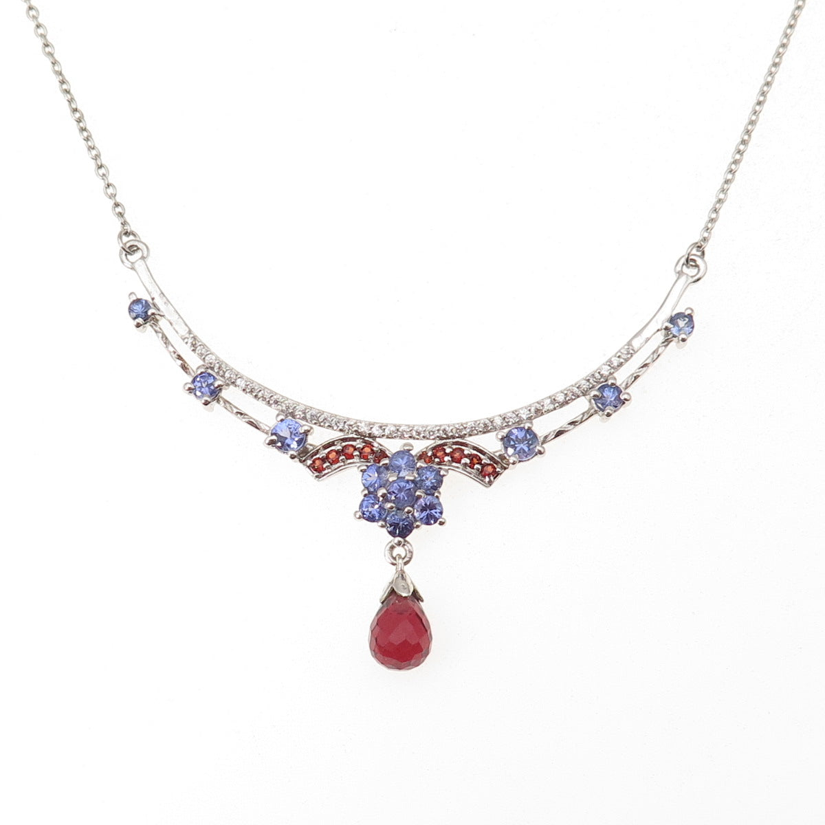 Chuck Clemency Sterling Silver Real Garnet Tanzanite & Topaz Chain Necklace 18"