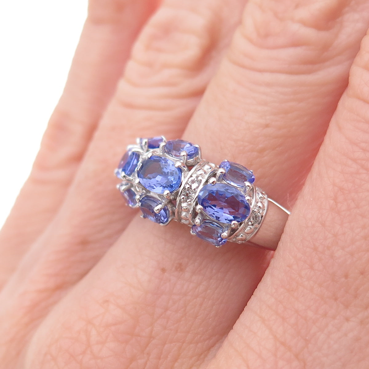 925 Sterling Silver Real Tanzanite & White Topaz Ring Size 8