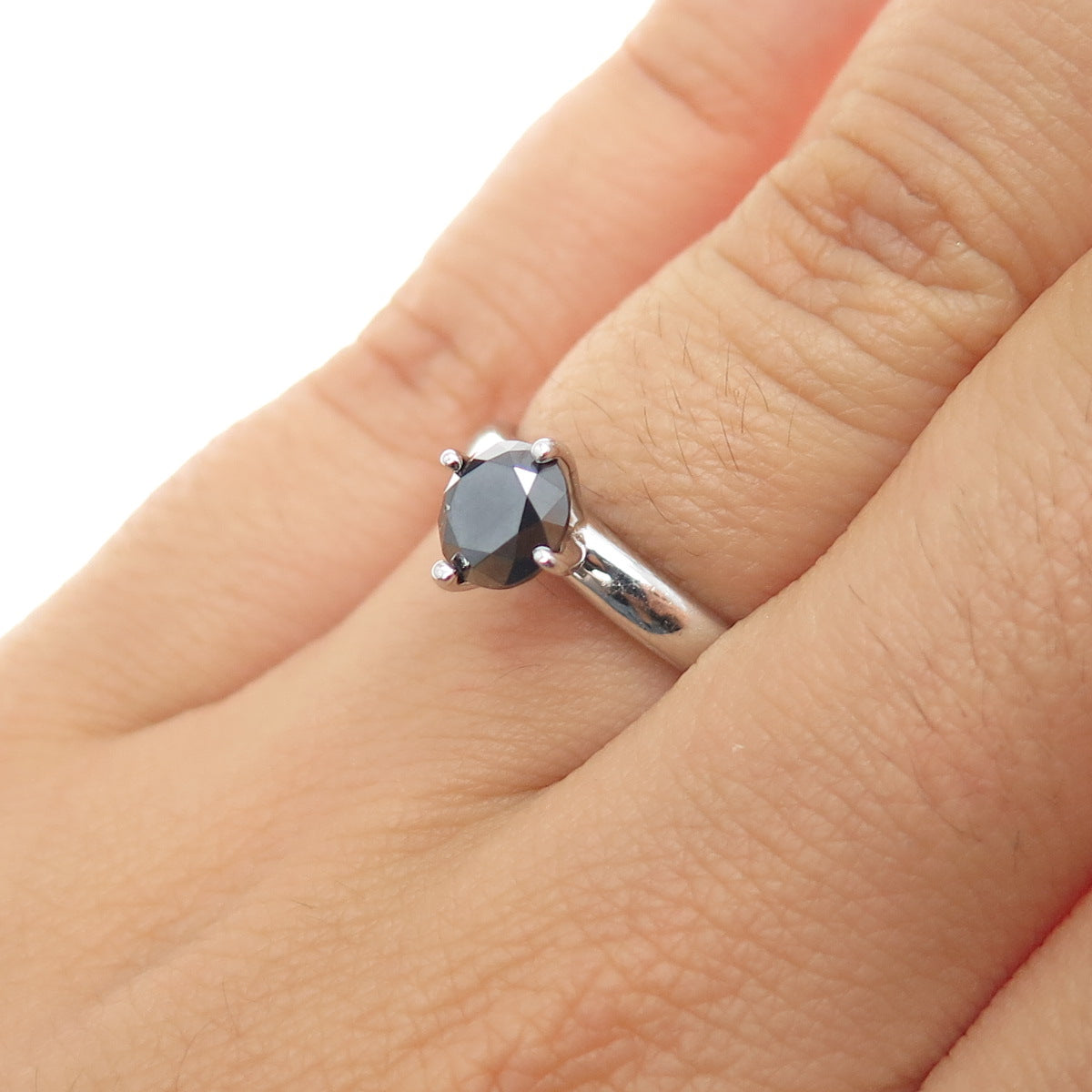 925 Sterling Silver Real Round-Cut Approx. 0.8ct Black Diamond Ring Size 6