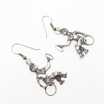 925 Sterling Silver Vintage Mayan Hoop Game Playing Men Oxidized Dangle Earrings