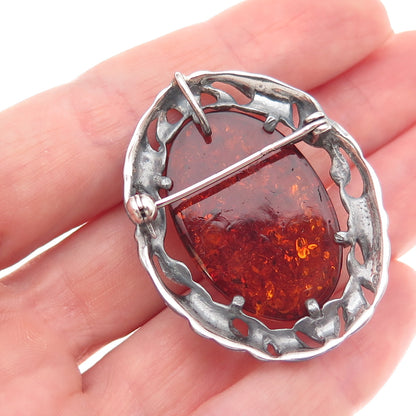 925 Sterling Silver Vintage Sweden Real Amber Floral Oxidized Pin Brooch Pendant