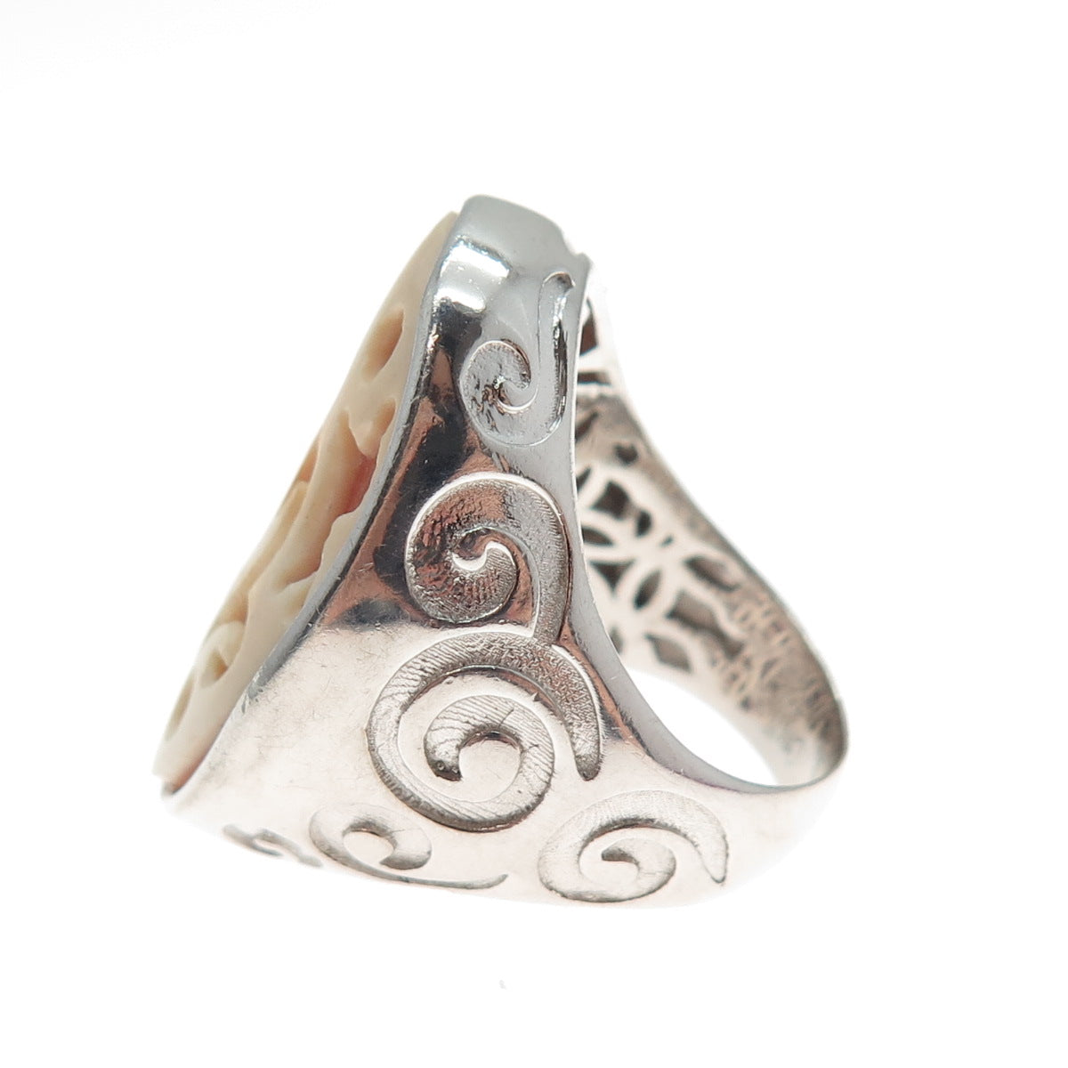 AMEDEO 925 Sterling Silver Real Carved MOP Flower Spiral Ring Size 6.25