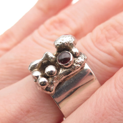925 Sterling Vintage Real Red Garnet Modernist Nugget Oxidized Ring Size 8.75