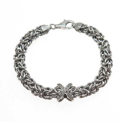 SAMARA SJD 925 Sterling Silver Real Diamond X Shape Byzantine Link Bracelet 7"