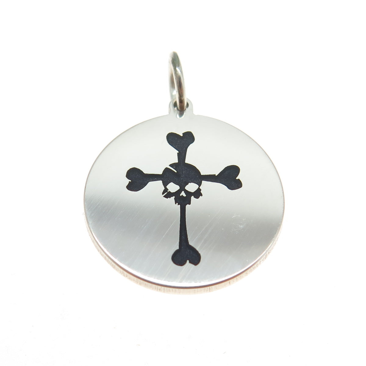 925 Sterling Silver Black Enamel Skull Cross Round Tag Minimalist Charm Pendant