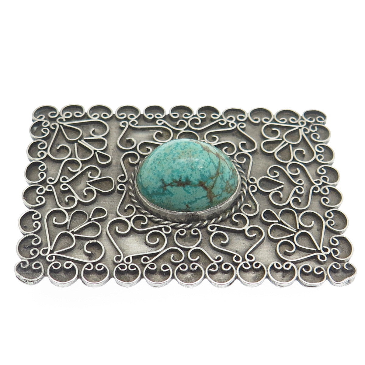 925 Sterling Silver Vintage Kingman Turquoise Gem Ornate Oxidized Pin Brooch