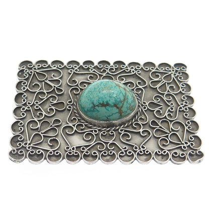 925 Sterling Silver Vintage Kingman Turquoise Gem Ornate Oxidized Pin Brooch