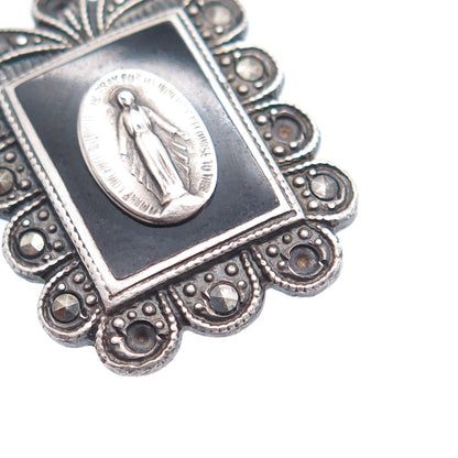 925 Sterling Silver Antique Onyx & Marcasite St. Mary Pendant (missing 4 stones)