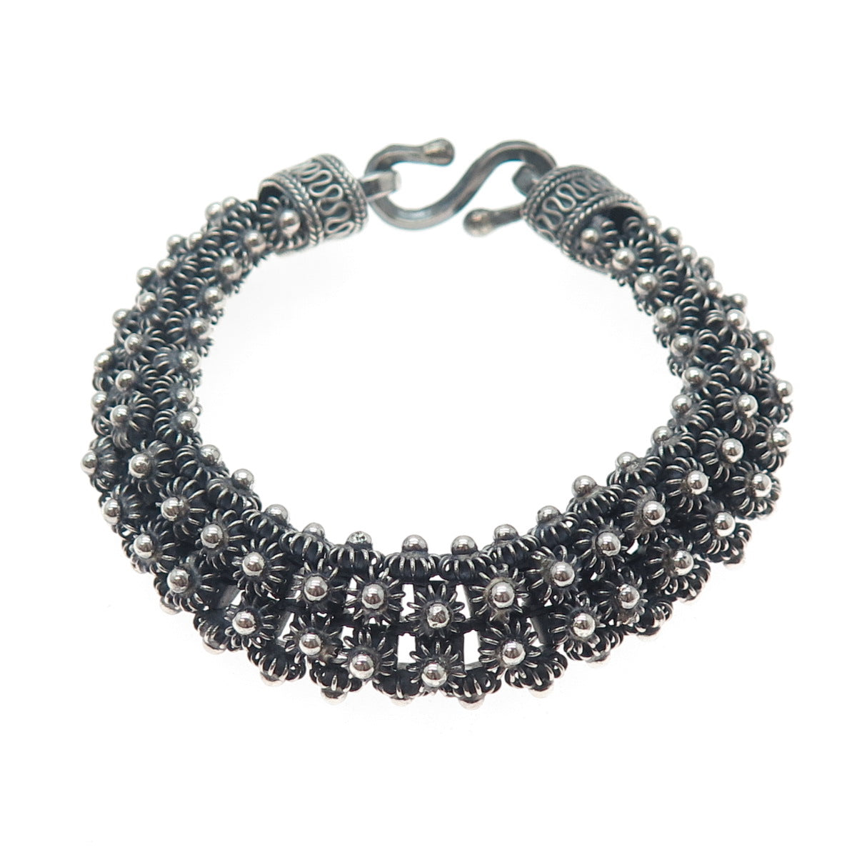 925 Sterling Silver Vintage Oxidized Cannetille Link Bracelet 7.25"