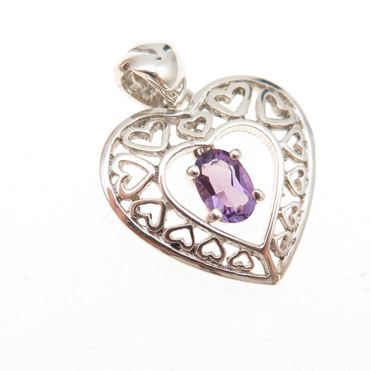 925 Sterling Silver Vintage Real Oval-Cut Amethyst Heart Charm Pendant