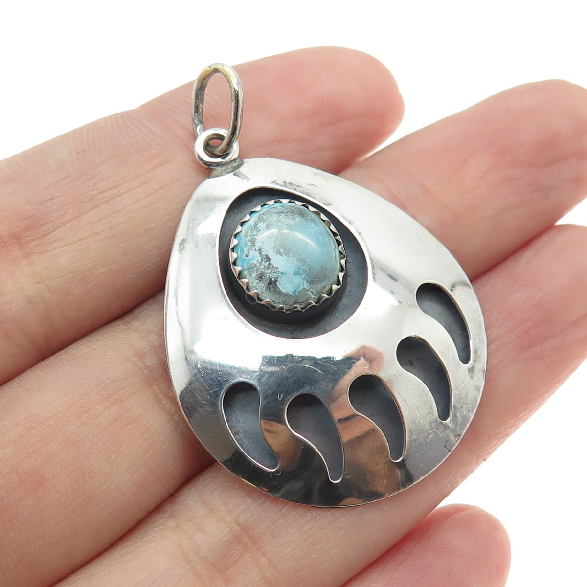 Old Pawn 925 Sterling Silver Vintage Southwestern Turquoise Bear Paw Pendant