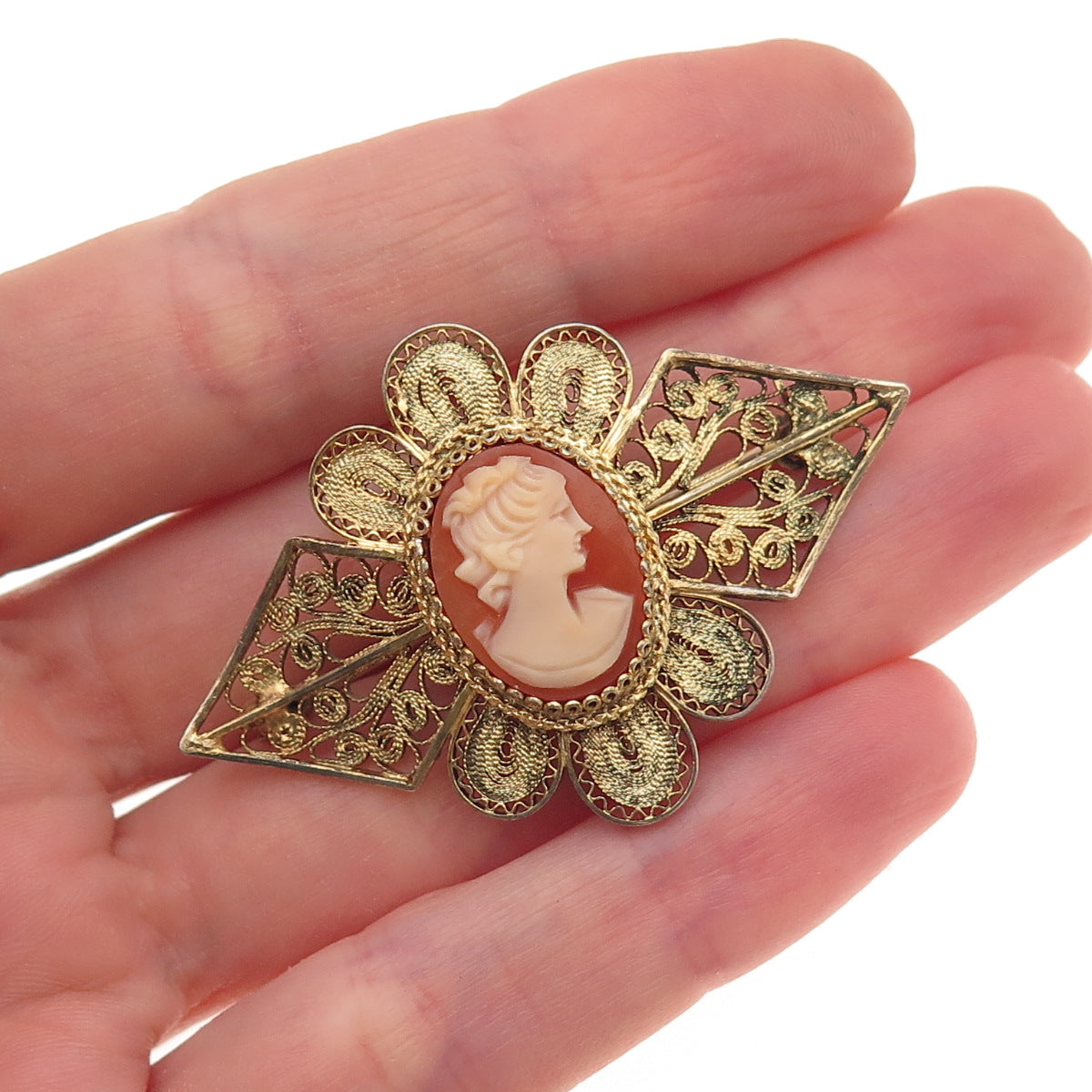 800 Silver Gold Plated Antique Art Deco Real MOP Lady Cameo Filigree Pin Brooch