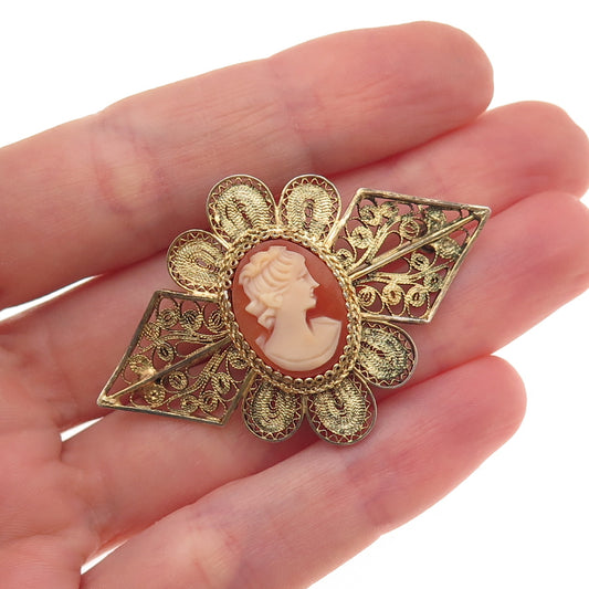800 Silver Gold Plated Antique Art Deco Real MOP Lady Cameo Filigree Pin Brooch