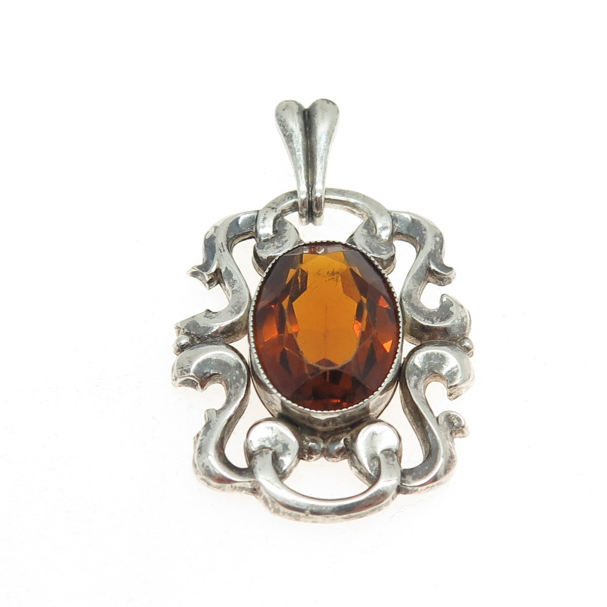 830 Silver Antique Art Deco European Real Oval-Cut Citrine Repousse Pendant