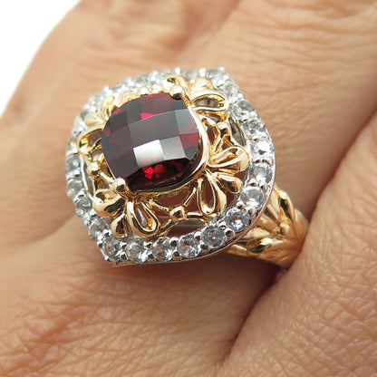 925 Sterling Silver 2-Tone Real Red Garnet & White Topaz Gemstone Ring Size 10