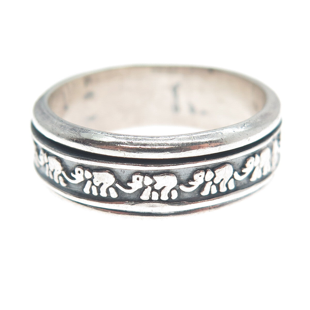 925 Sterling Vintage Mexico Elephant Oxidized Rotating Band Ring Size 10.5