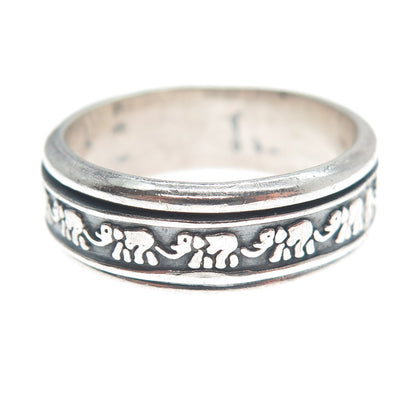 925 Sterling Vintage Mexico Elephant Oxidized Rotating Band Ring Size 10.5