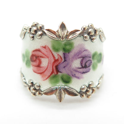 ESPO Joseph Esposito 925 Sterling Silver Vintage Enamel Rose Flower Ring Size 7