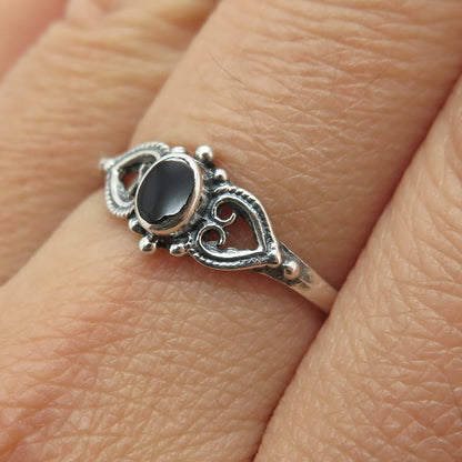 925 Sterling Silver Vintage Real Black Onyx Heart Ring Size 8.5