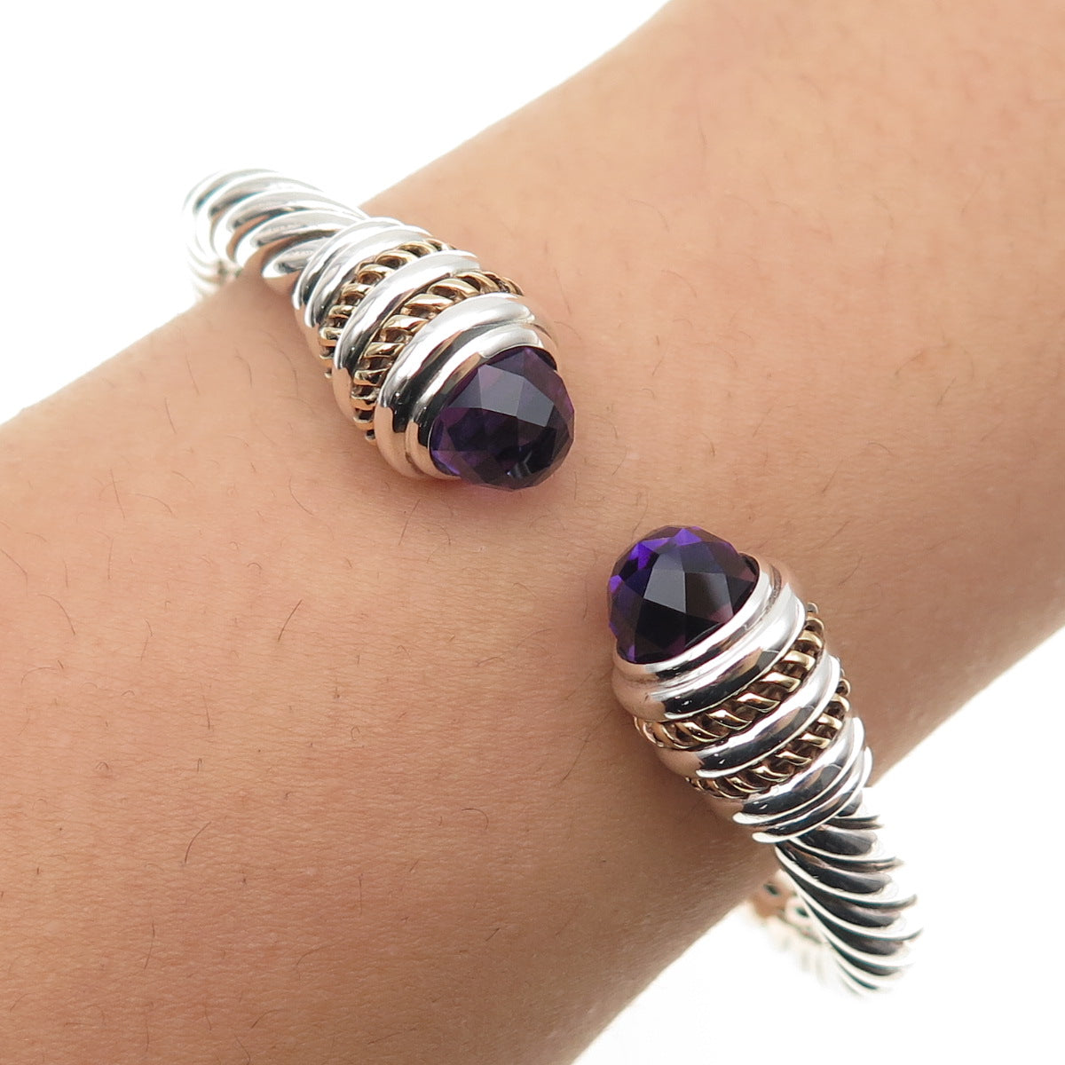 Lorenzo 925 Sterling Silver 18K Gold Vintage Real Amethyst Bracelet 6.5"