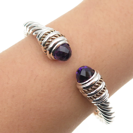 Lorenzo 925 Sterling Silver 18K Gold Vintage Real Amethyst Bracelet 6.5"