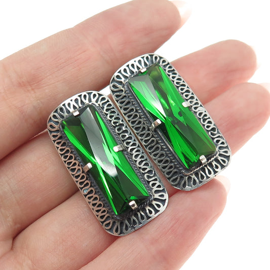 925 Sterling Silver Vintage Baguette-Cut Nano Peridot Oxidized Earrings