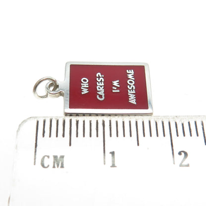 925 Sterling Silver Red Enamel "Who Cares I'm Awesome" Minimalist Charm Pendant