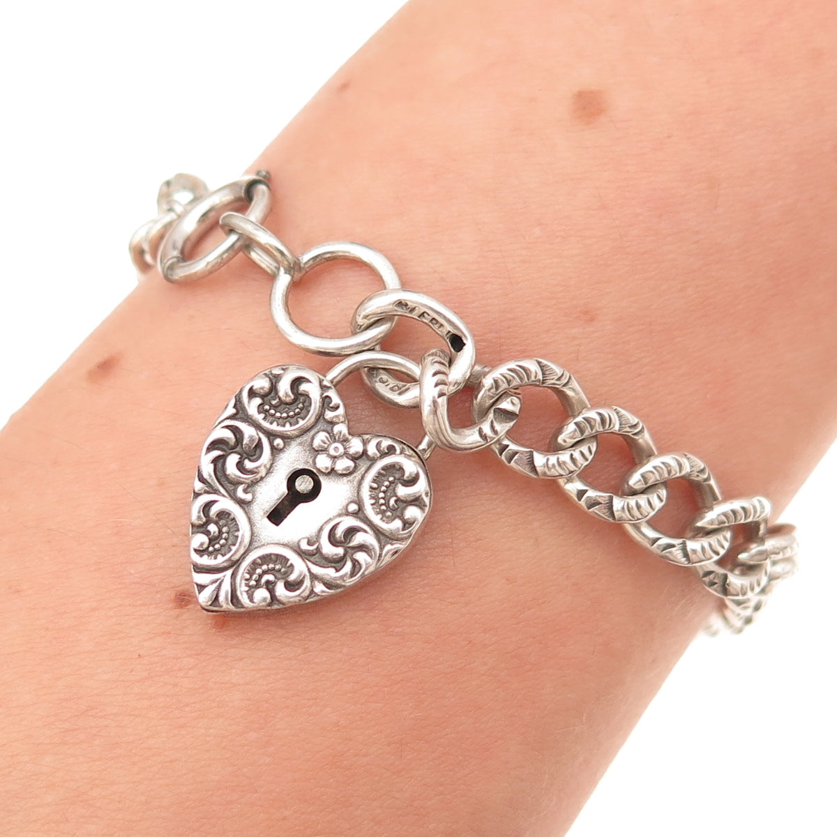 925 Sterling Silver Antique Art Deco Heart Padlock Curb Link Bracelet 7.75"