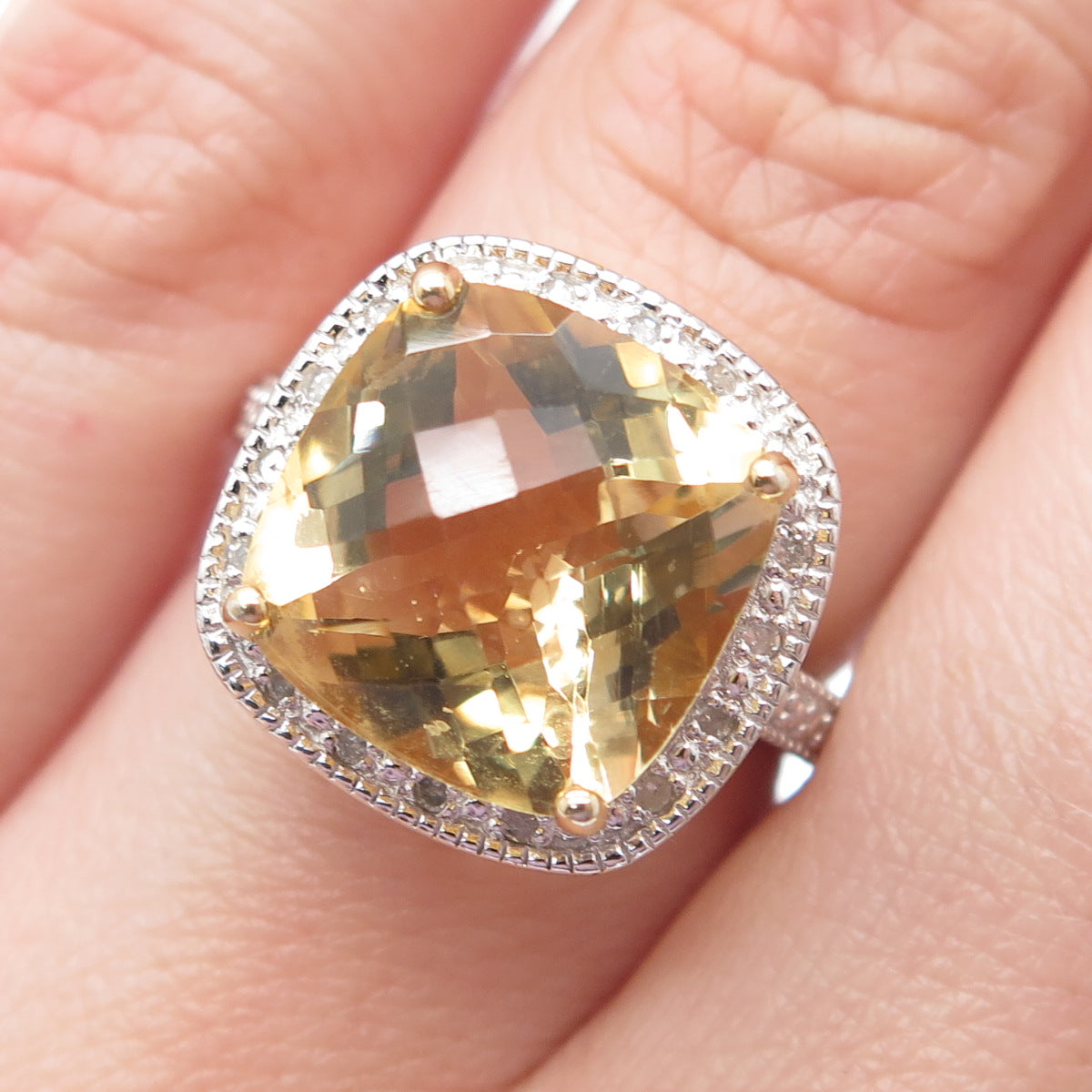 925 Sterling Silver Gold Plated Real Diamond & Cushion-Cut Citrine Ring Size 6