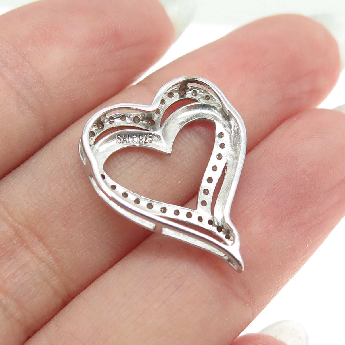 SAI 925 Sterling Silver Real Round-Cut Diamond Heart Slide Pendant