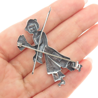 LANG 925 Sterling Silver Antique Art Deco Japanese Geisha Oxidized Pin Brooch
