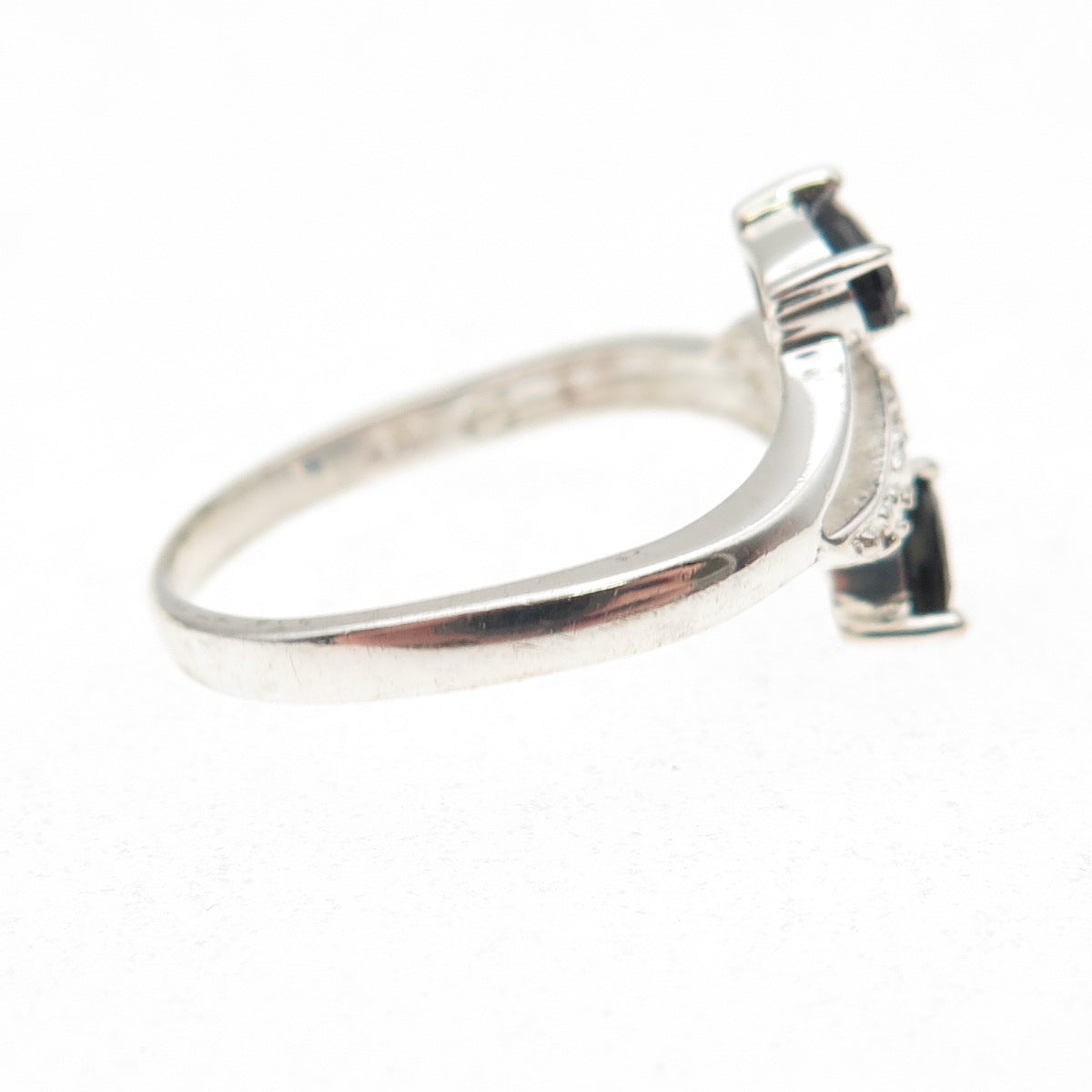 925 Sterling Silver Real Diamond Accent & Sapphire Bypass Ring Size 7