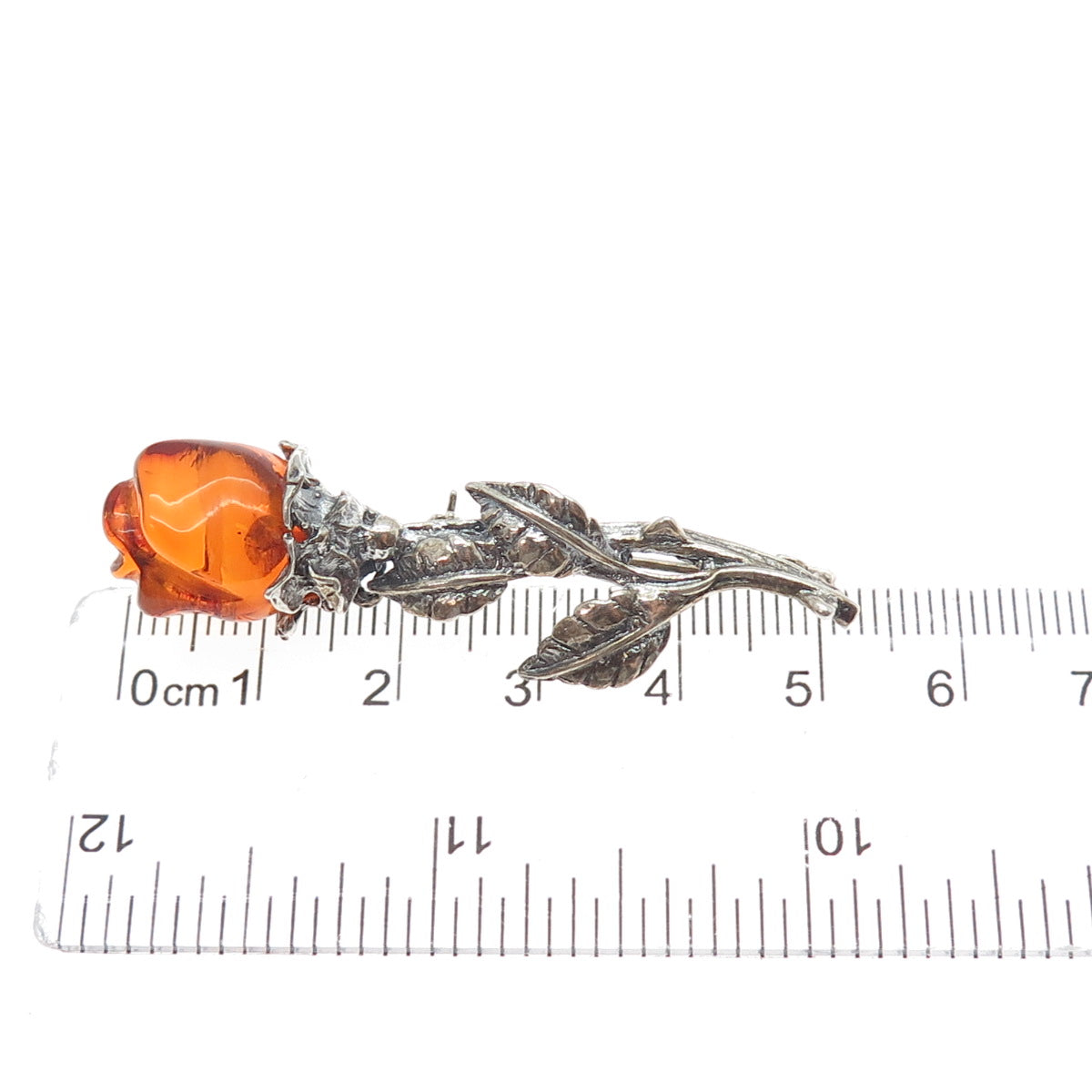 925 Sterling Silver Vintage Real Amber Carved Rose Flower Oxidized Pin Brooch
