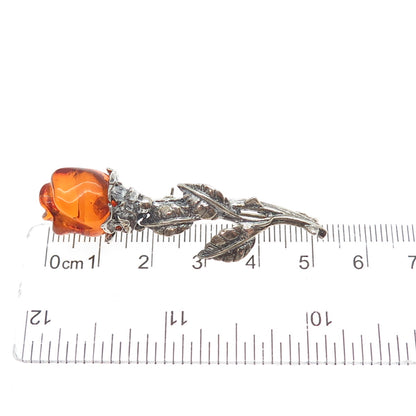 925 Sterling Silver Vintage Real Amber Carved Rose Flower Oxidized Pin Brooch
