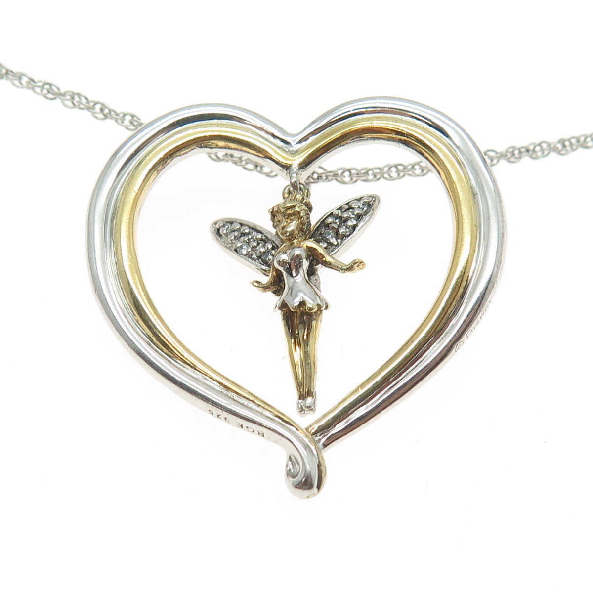 925 Sterling Silver 2-Tone Vintage C Z Tinker Bell Heart Necklace 18"