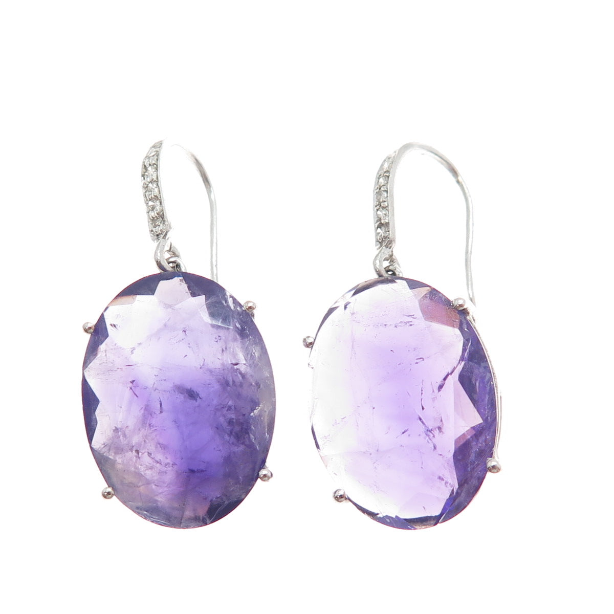 DSMK 925 Sterling Silver Real Diamond & Oval-Cut Amethyst Dangle Earrings