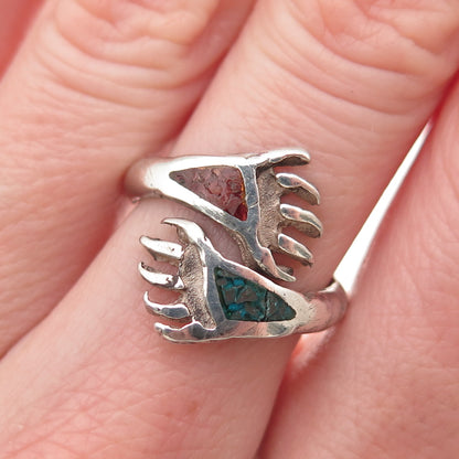 Old Pawn 925 Sterling Turquoise & Coral Inlay Bear Paw Adjustable Ring Size 6.25