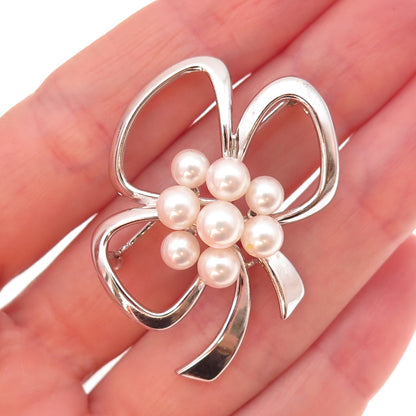 Mikimoto 925 Sterling Silver Antique Japan Real Akoya Pearl Bow Pin Brooch