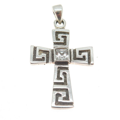 925 Sterling Silver Vintage Princess-Cut C Z Greek Maze Cross Pendant